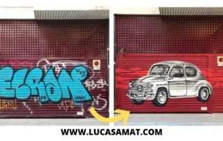 antes y después graffiti puerta de parking comunidad